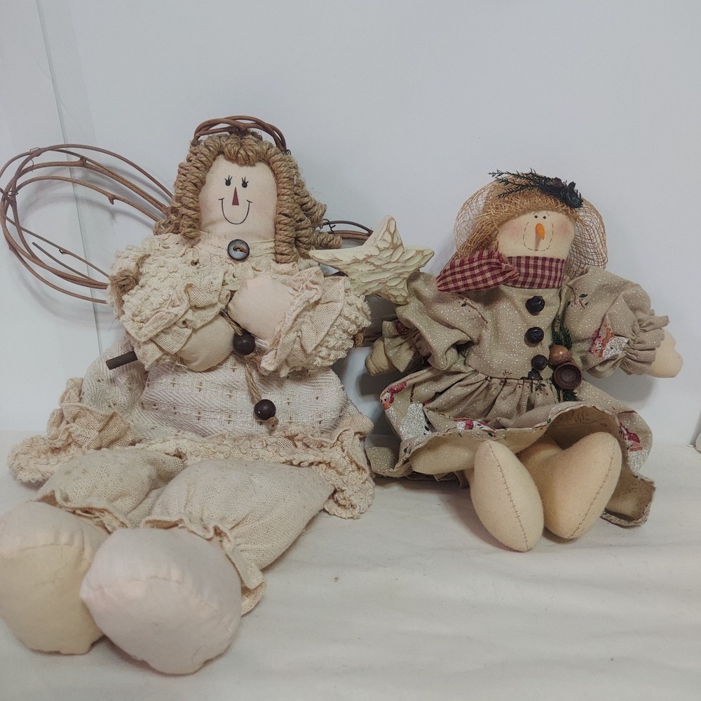 Charming Angel & Snowman Duo Plush Dolls Rustic Country Farmhouse‎ Decor Set